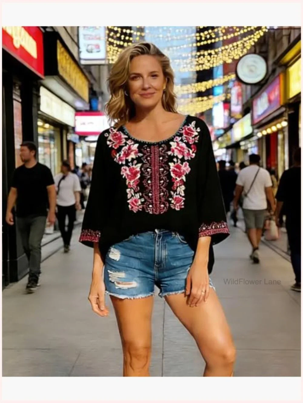 Mexican Embroidered Tunic Peasant Blouse Boho Cotton Top 3/4 Sleeve - Picture 6 of 6